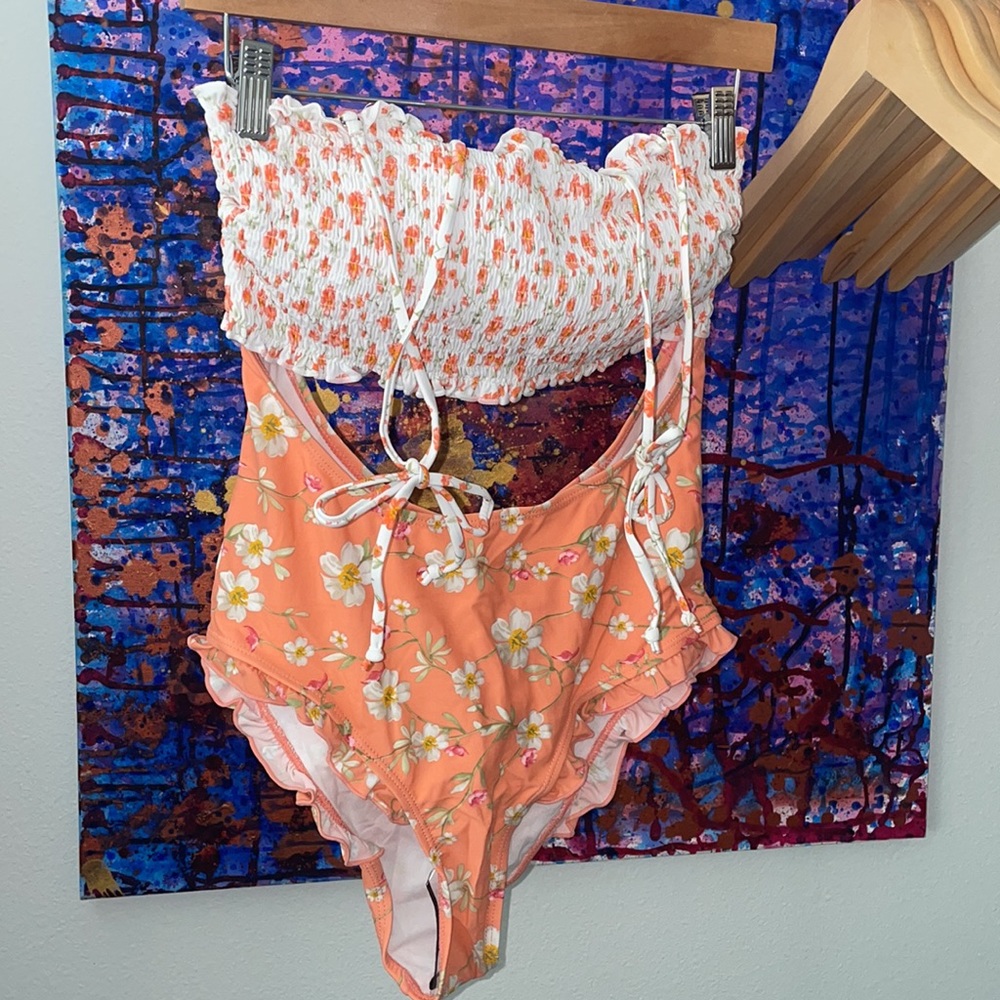 White and Pink Floral Smocked One Piece Swimsuit
